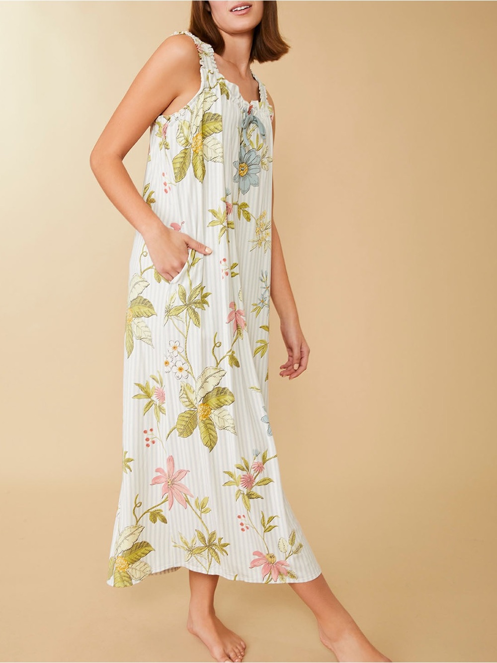 Spartina 449 Sleeveless Nightgown Floral Vine Stripe Blue